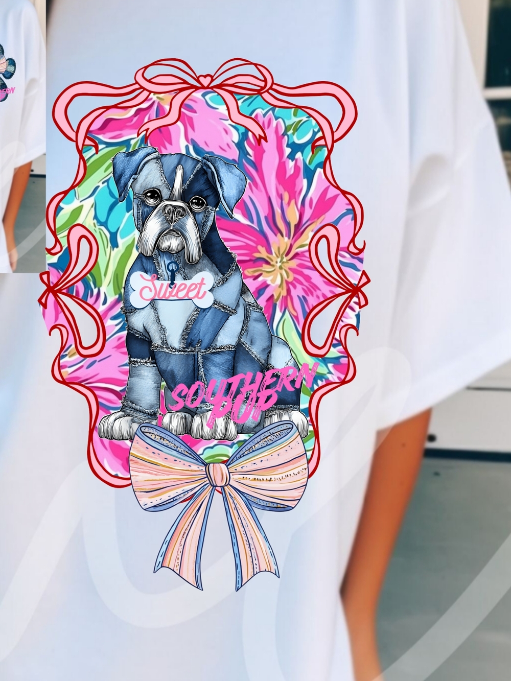 Gildan White Tee with Denim Patch Paw & Pastel Bow - Picture 7 of 16